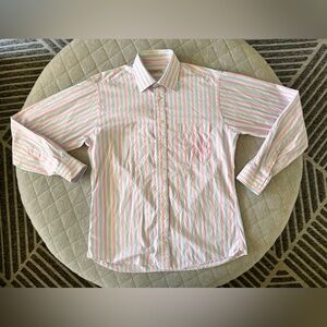 BURBERRY London Men’s Sz 15.5 Long Pink & Light Blue Striped Cotton Dress Shirt